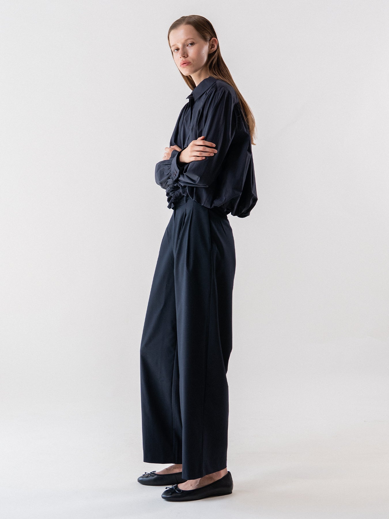 Navy Bubble Hem Long-Sleeve Shirt