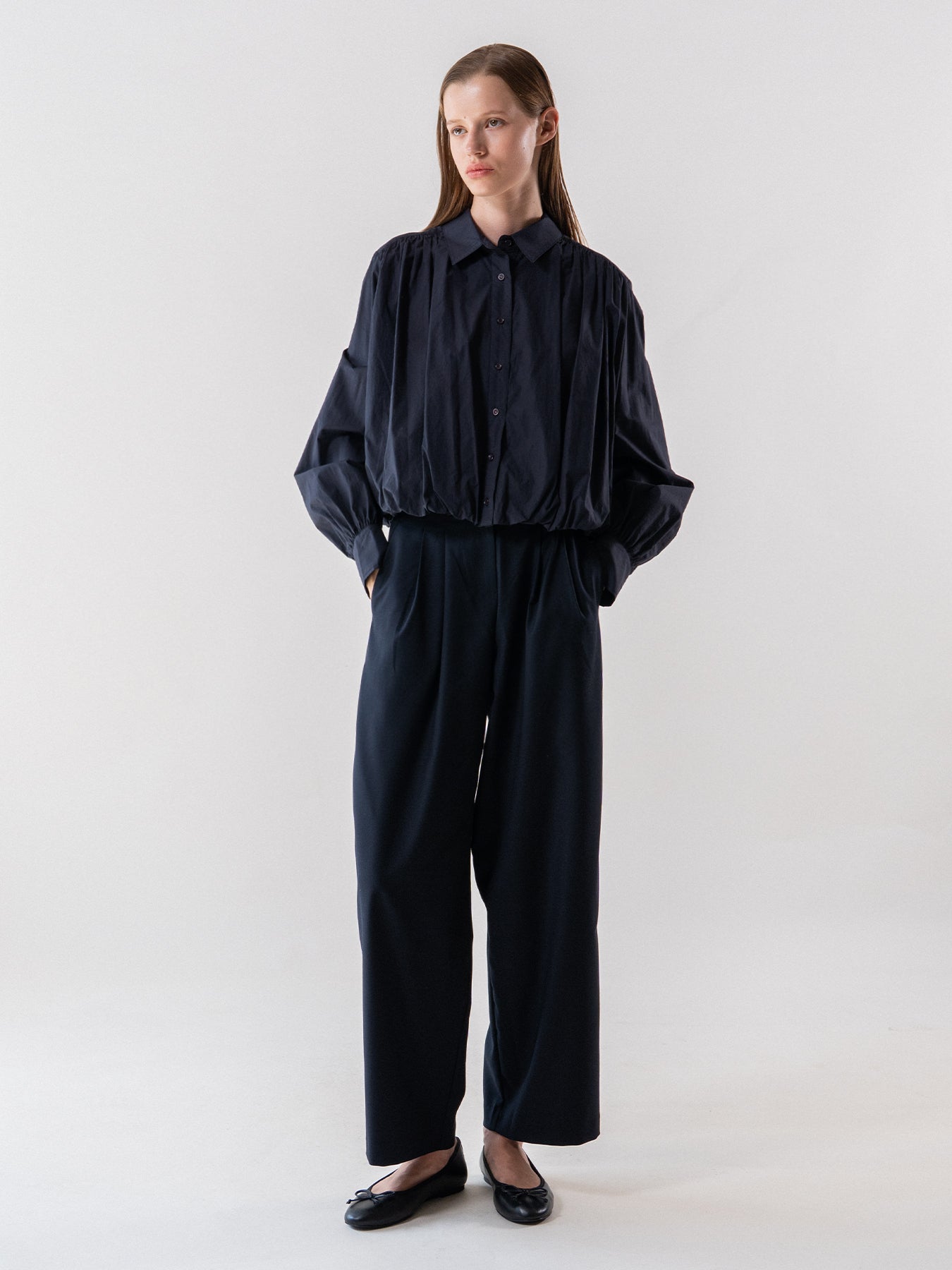 Navy Bubble Hem Long-Sleeve Shirt