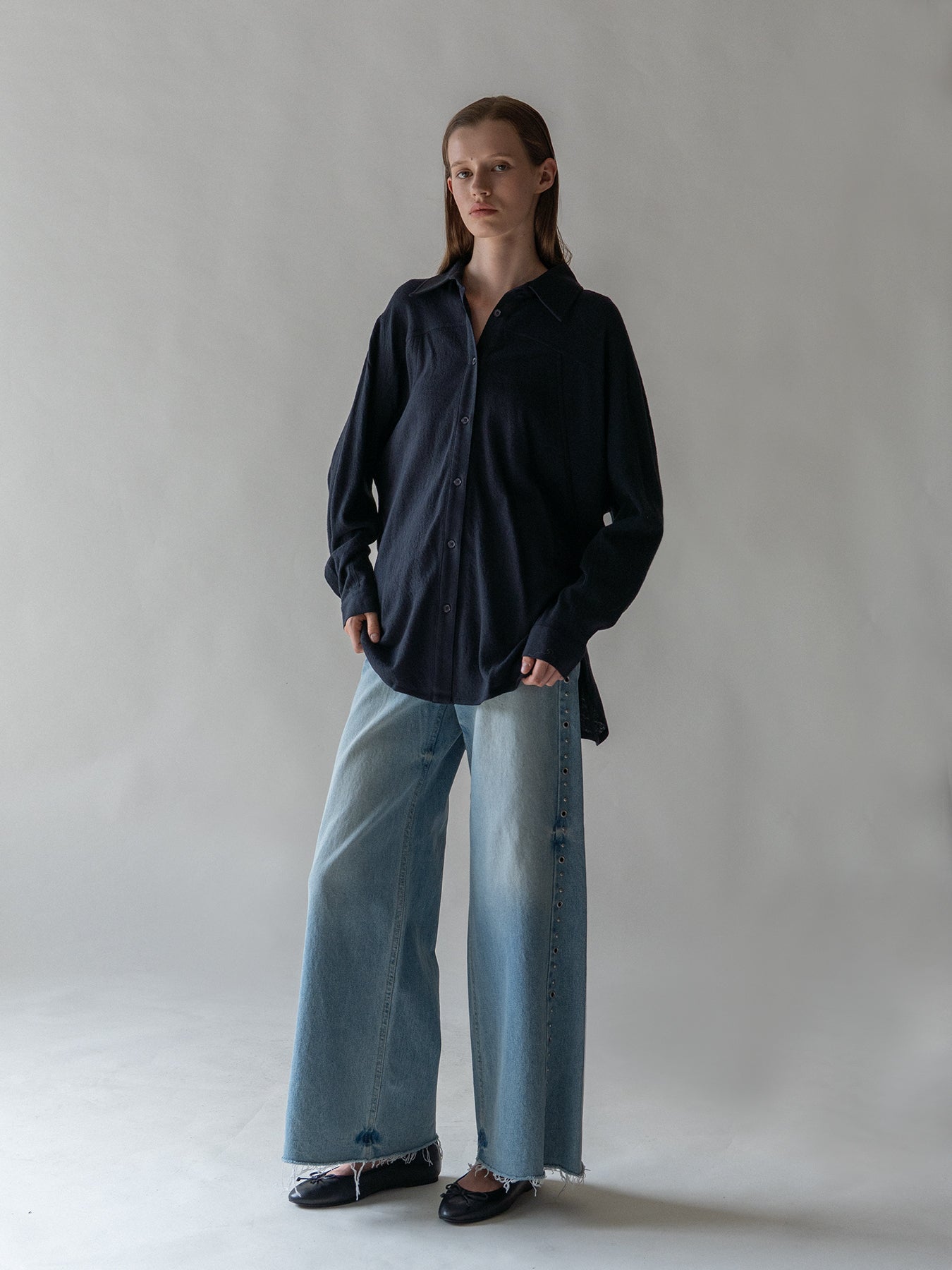 Navy Curved Sleeve Wool Blouse