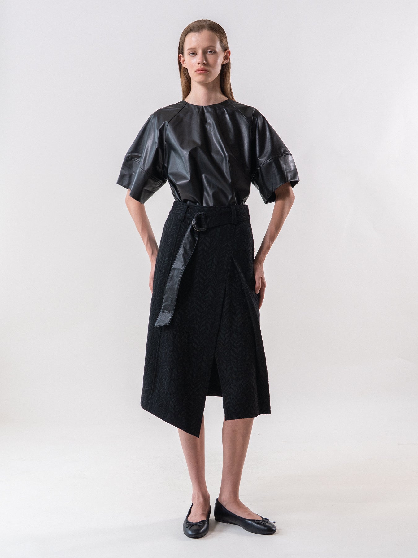 Black Wool Blend Jacquard Belted Skirt