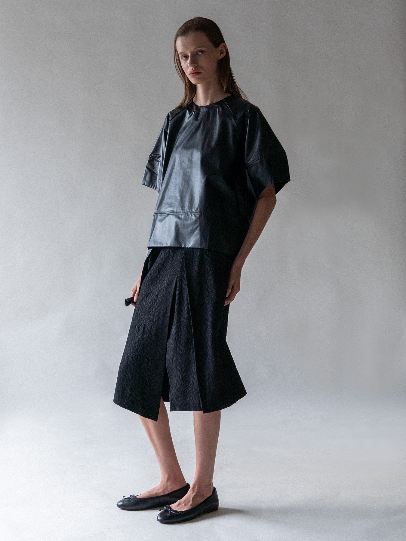 Black-Leather Curve Sleeve Blouse