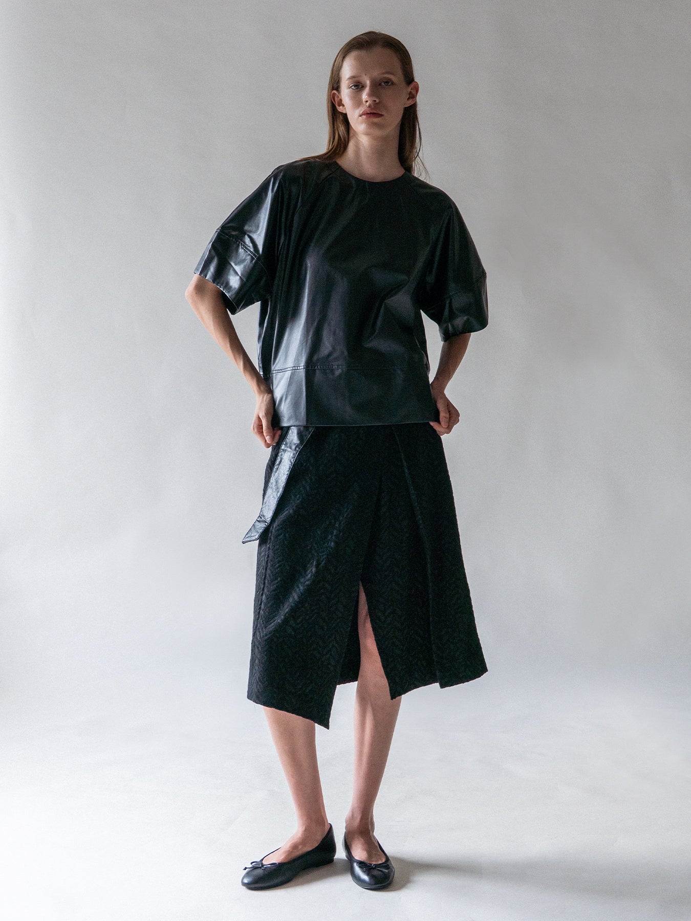 Black-Leather Curve Sleeve Blouse