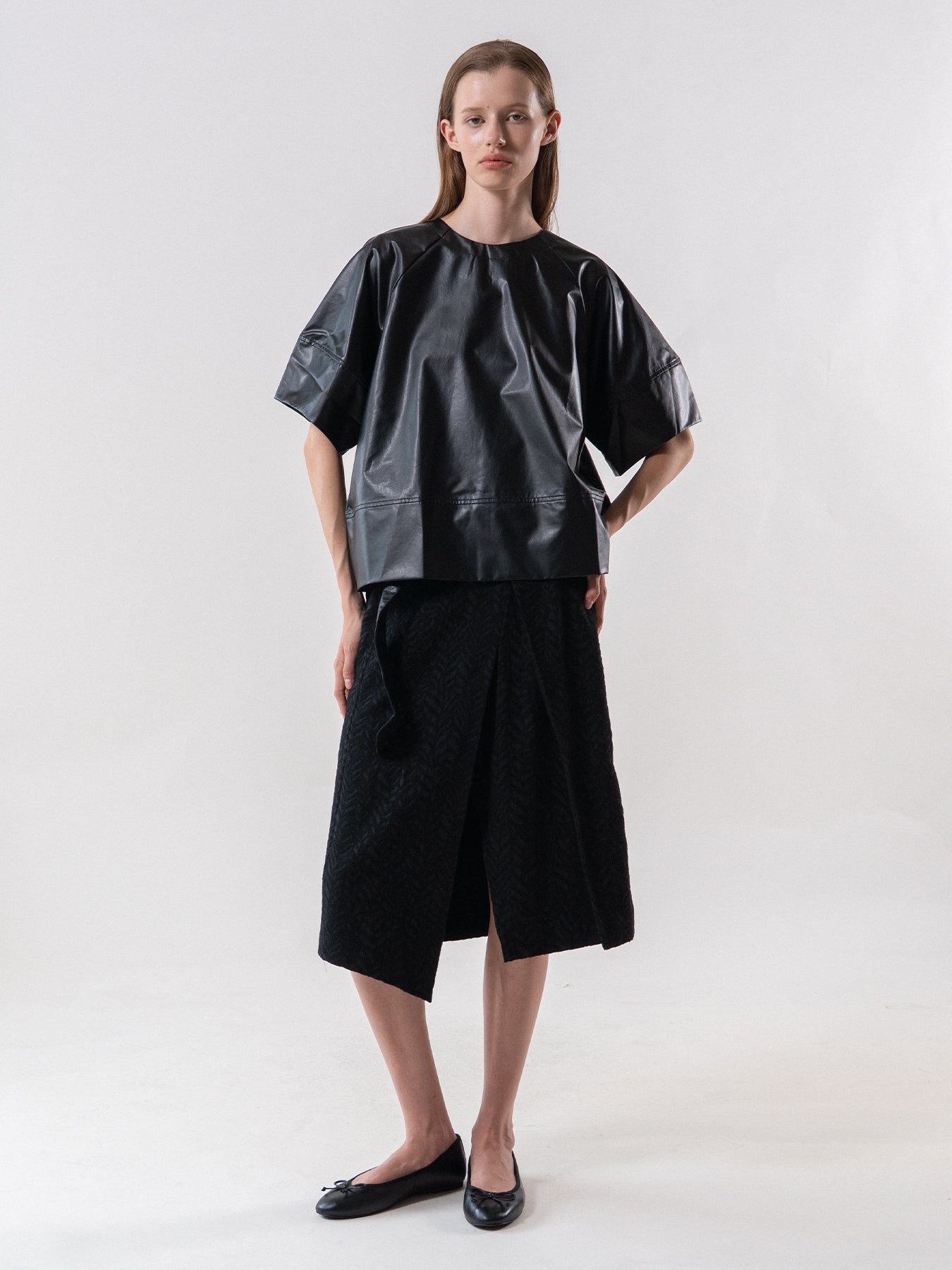 Black-Leather Curve Sleeve Blouse