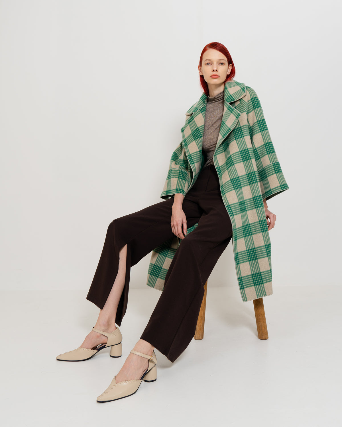 Green Check Oversized Collar Coat