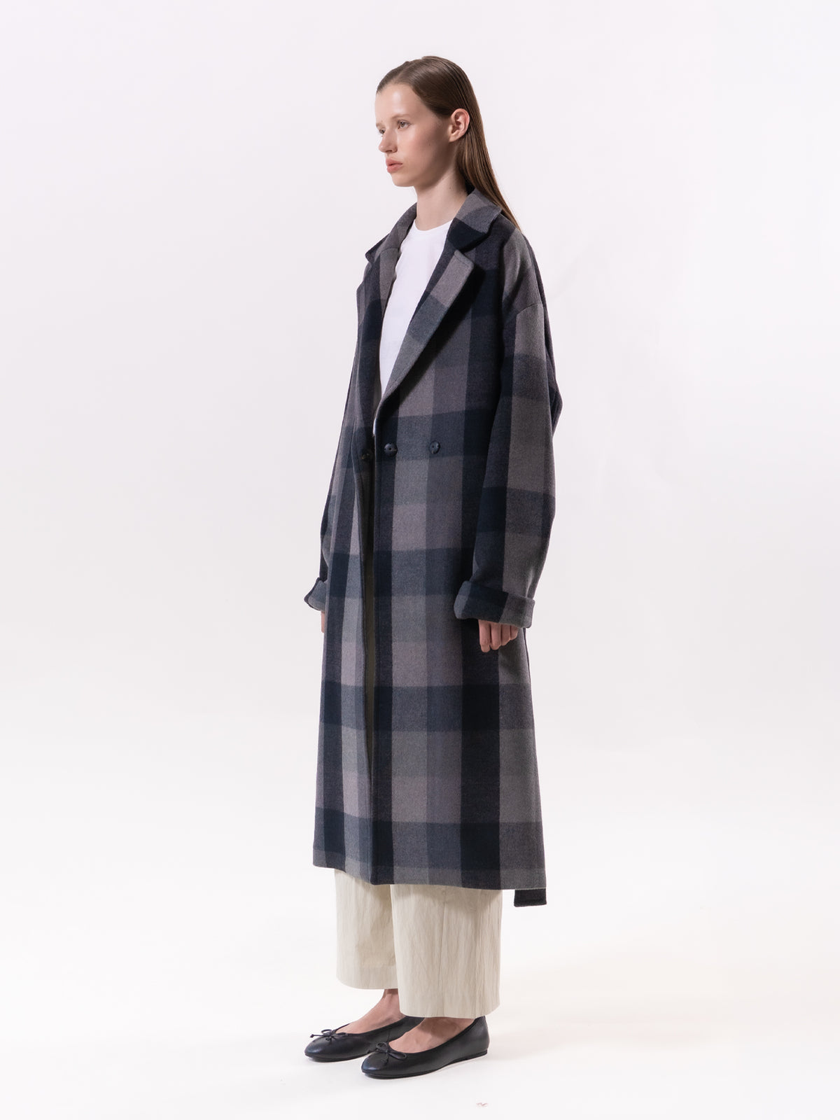 Charcoal Check Relax Fit Double Wool Coat