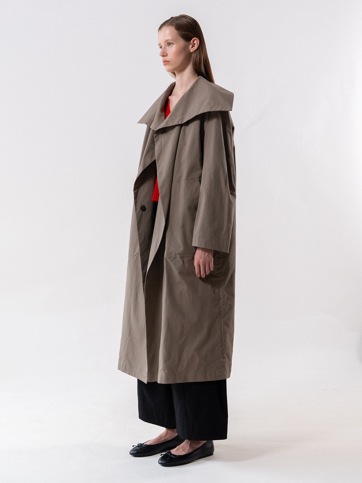 Khaki Cotton Drape Neck Coat