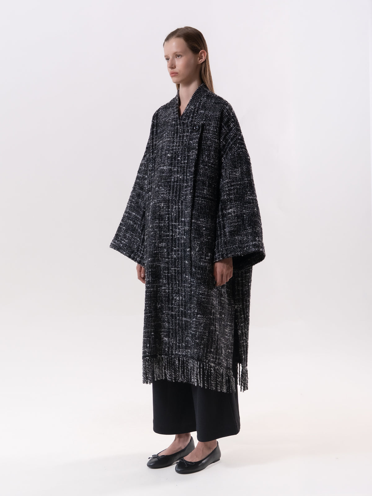 Black Check Fringe Coat