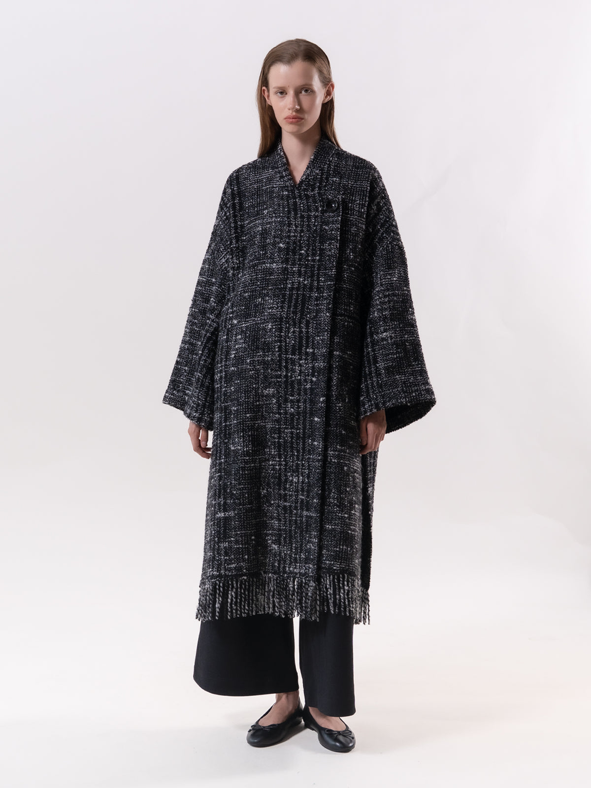 Black Check Fringe Coat