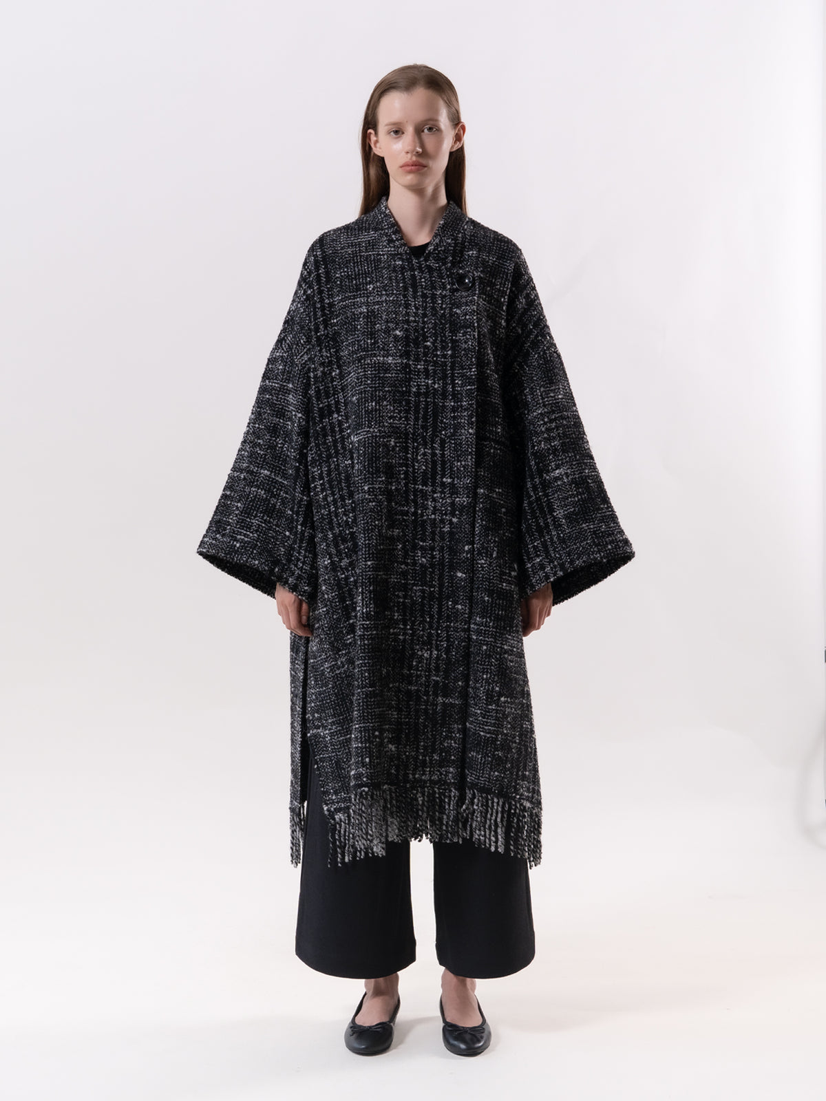 Black Check Fringe Coat