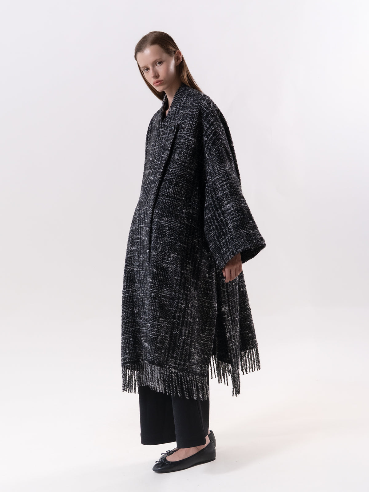 Black Check Fringe Coat