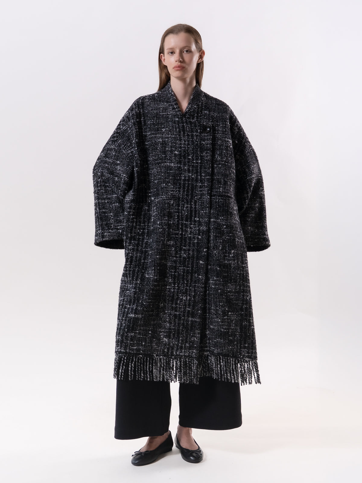 Black Check Fringe Coat