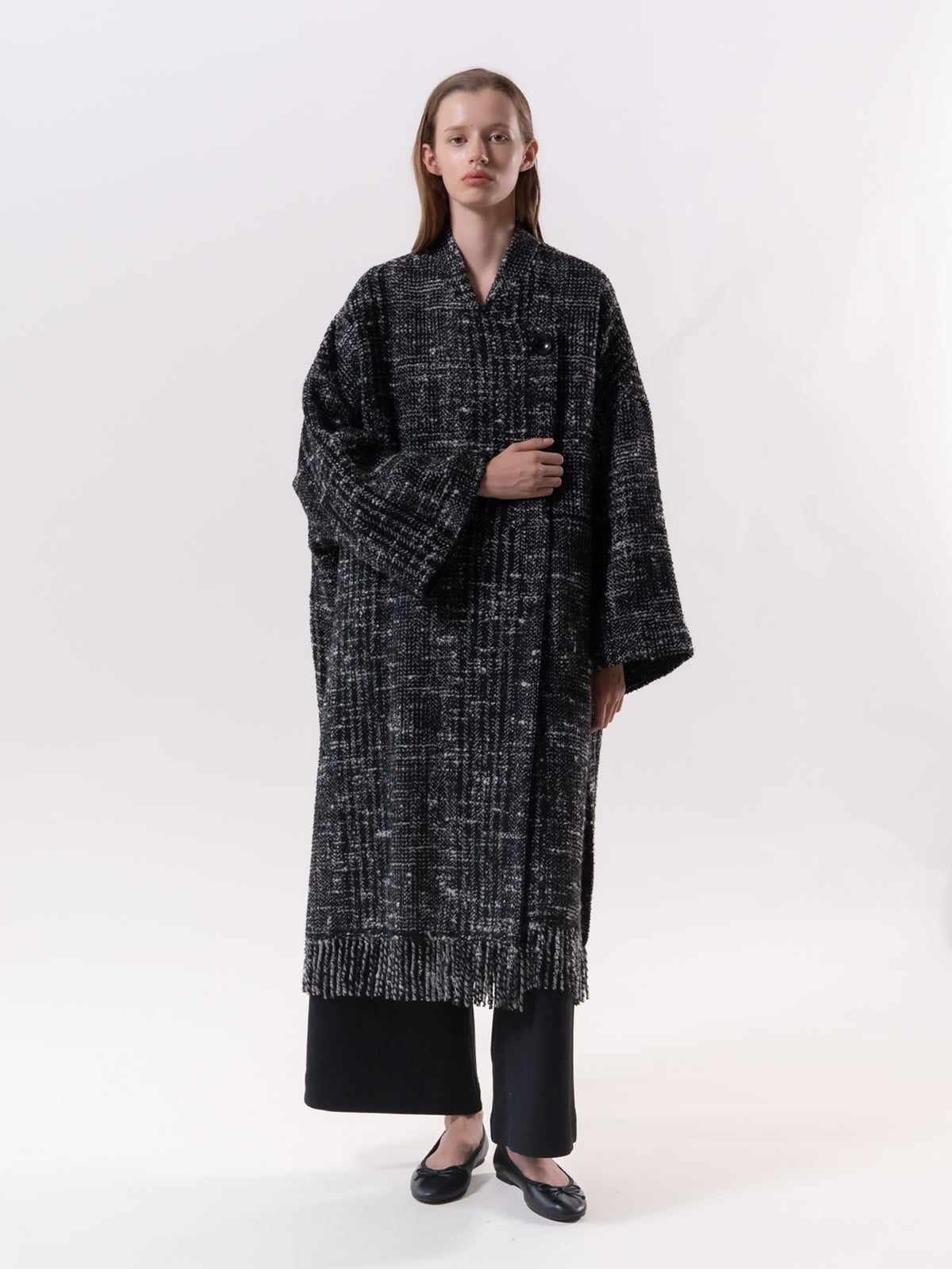 Black Check Fringe Coat