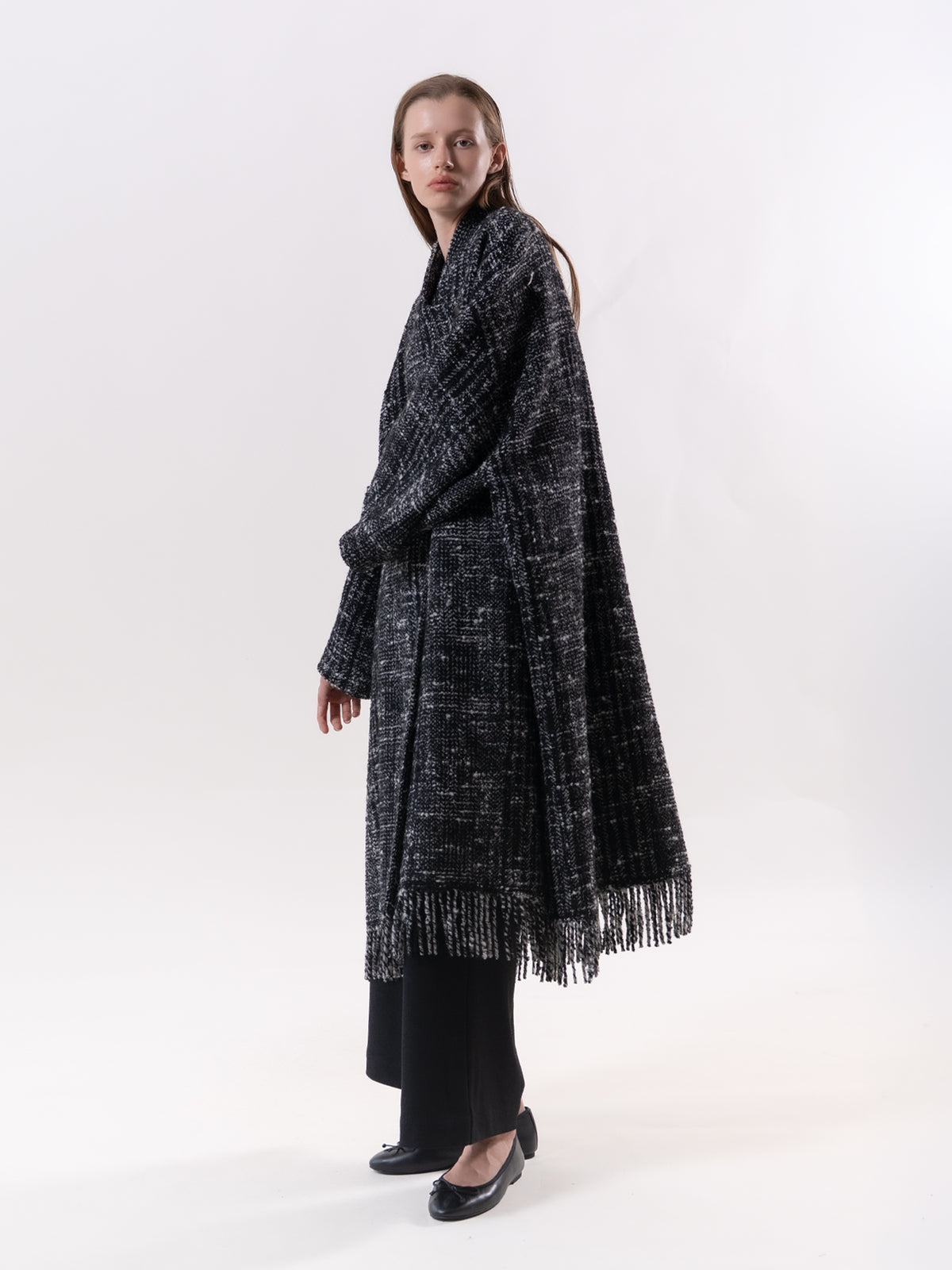 Black Check Fringe Coat