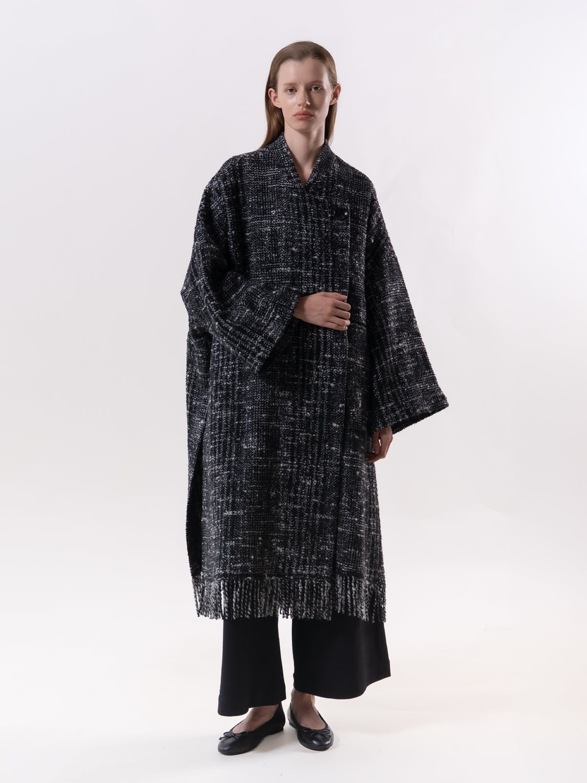 Black Check Fringe Coat