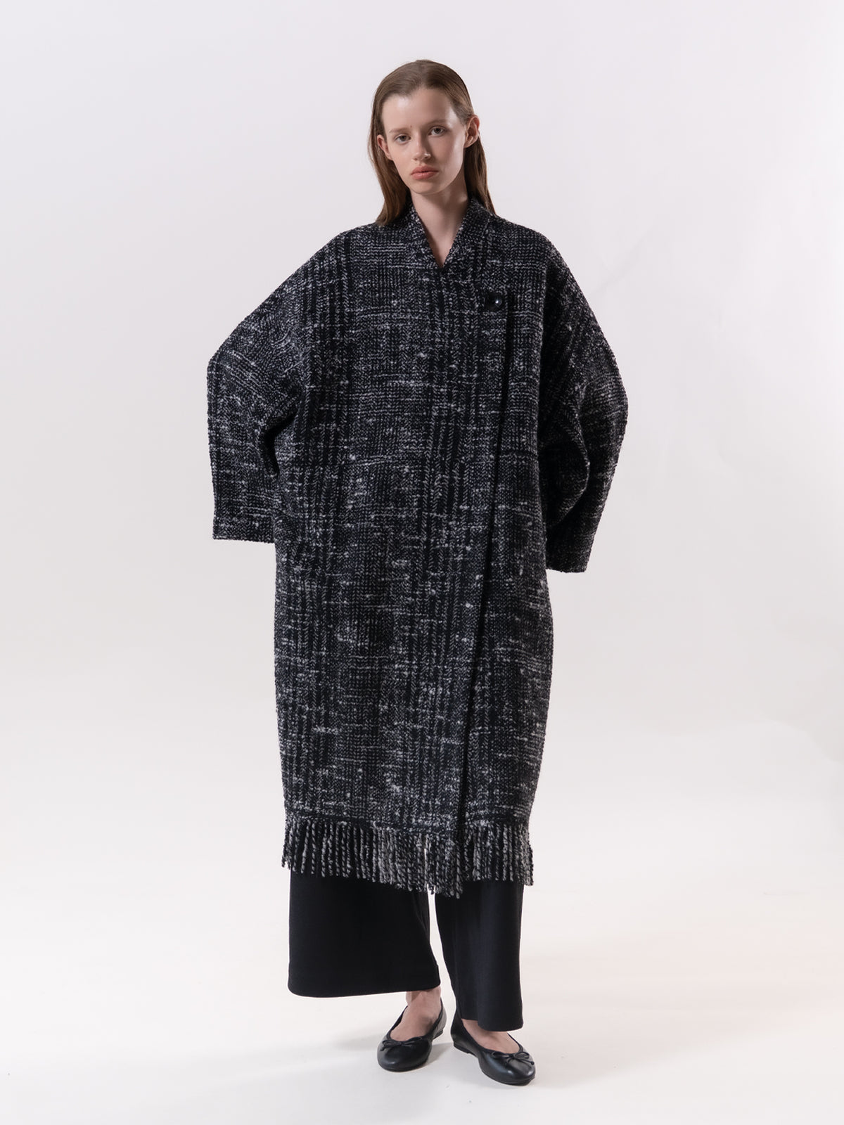 Black Check Fringe Coat