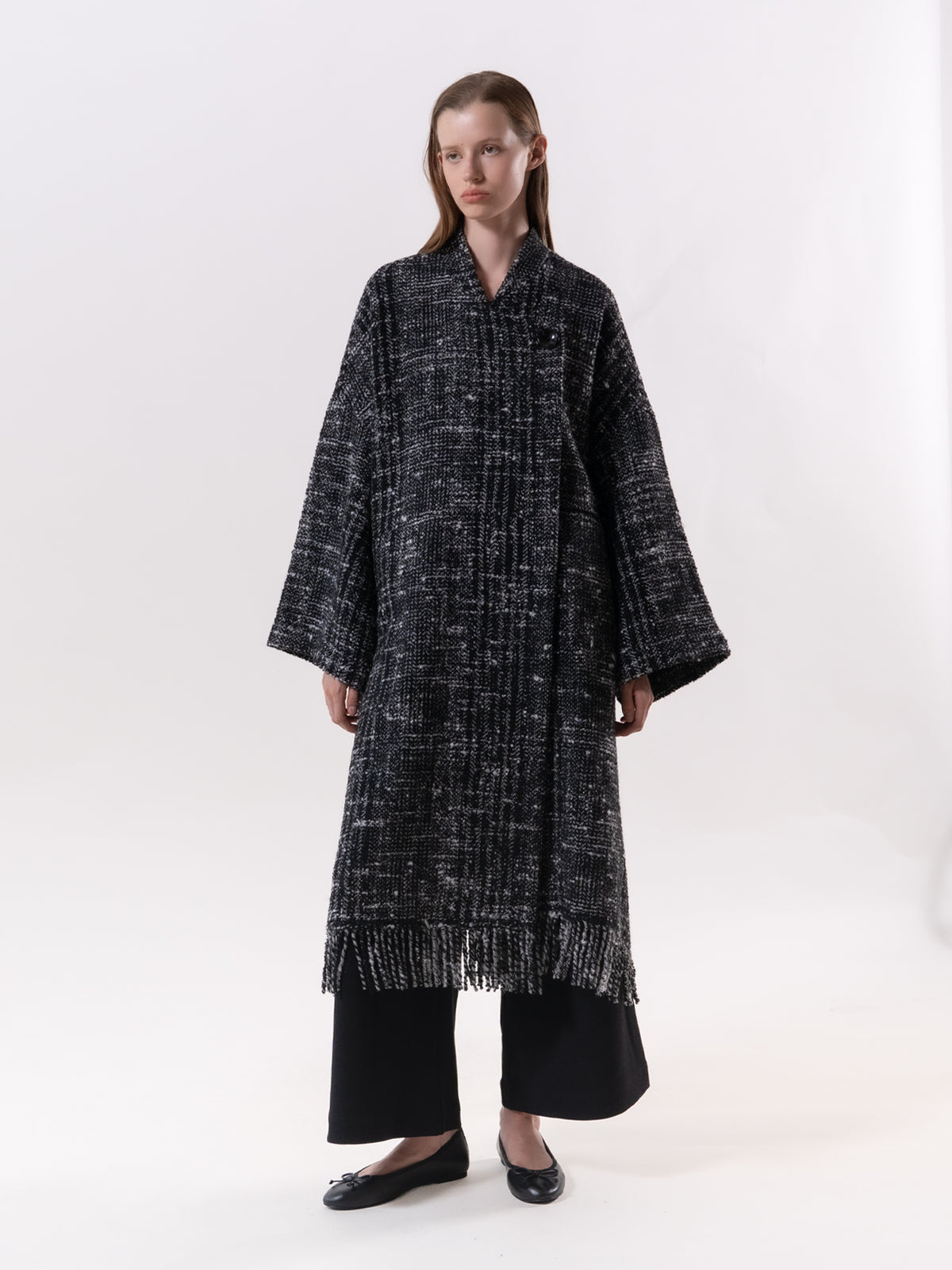 Black Check Fringe Coat