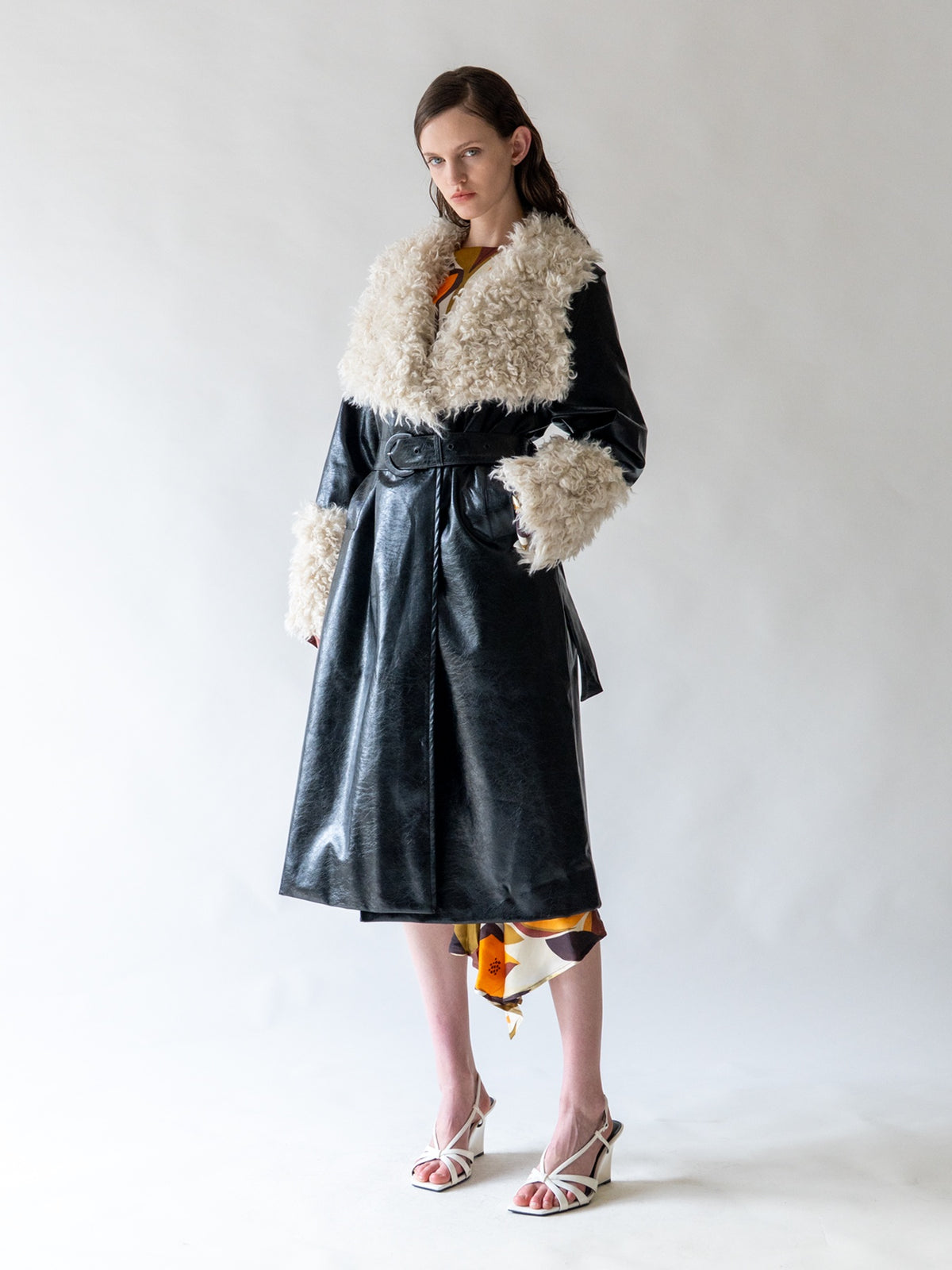 Black Shearling Collar Vegan Leather Coat