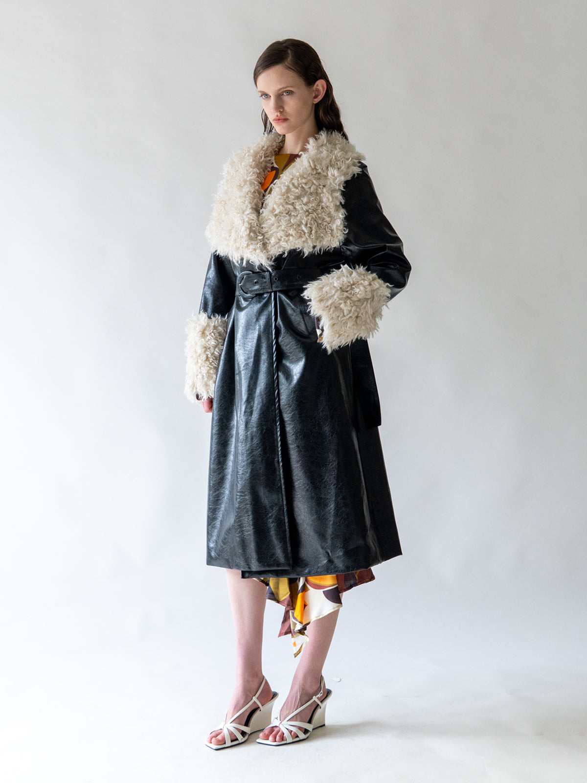 Black Shearling Collar Vegan Leather Coat