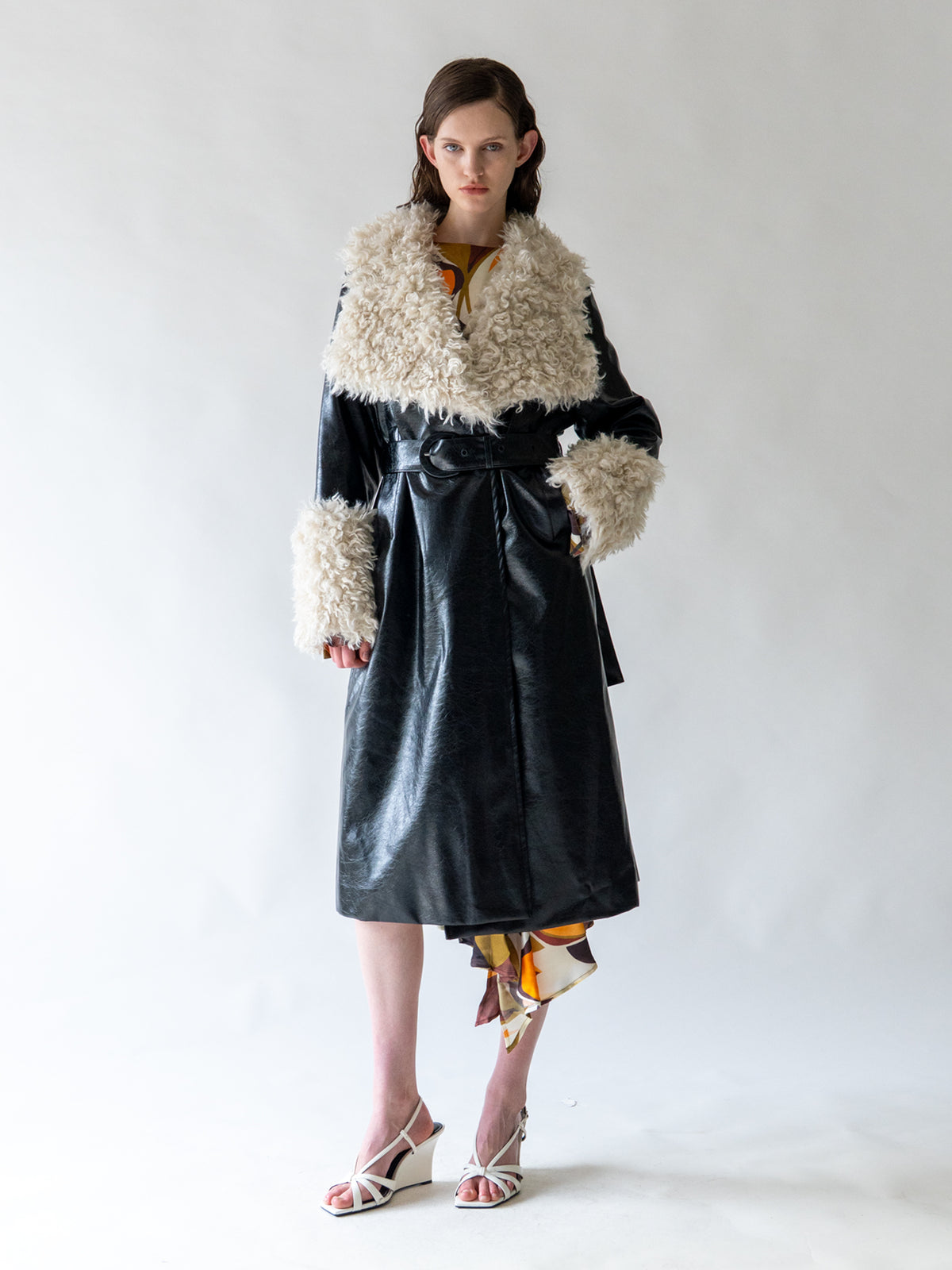 Black Shearling Collar Vegan Leather Coat