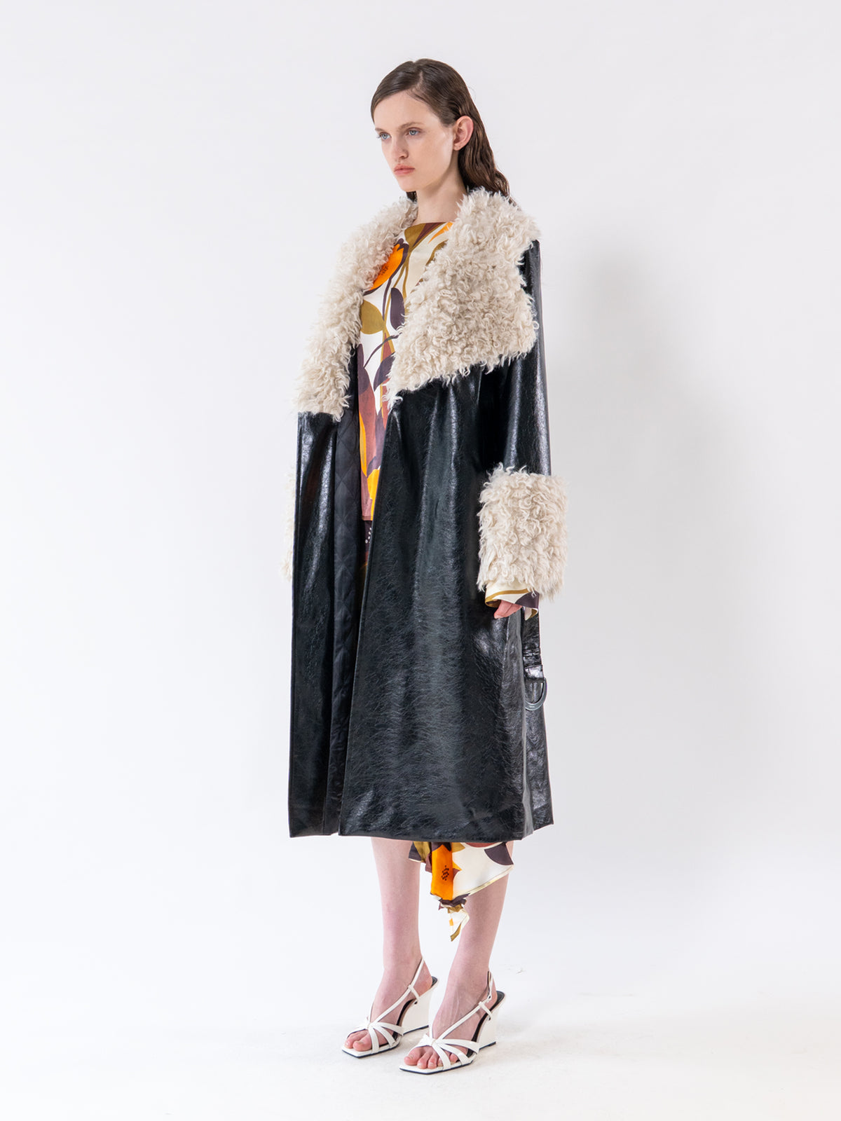 Black Shearling Collar Vegan Leather Coat