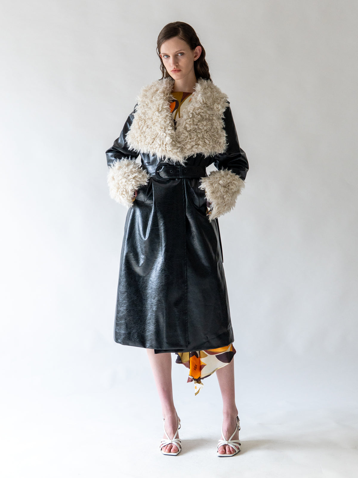 Black Shearling Collar Vegan Leather Coat