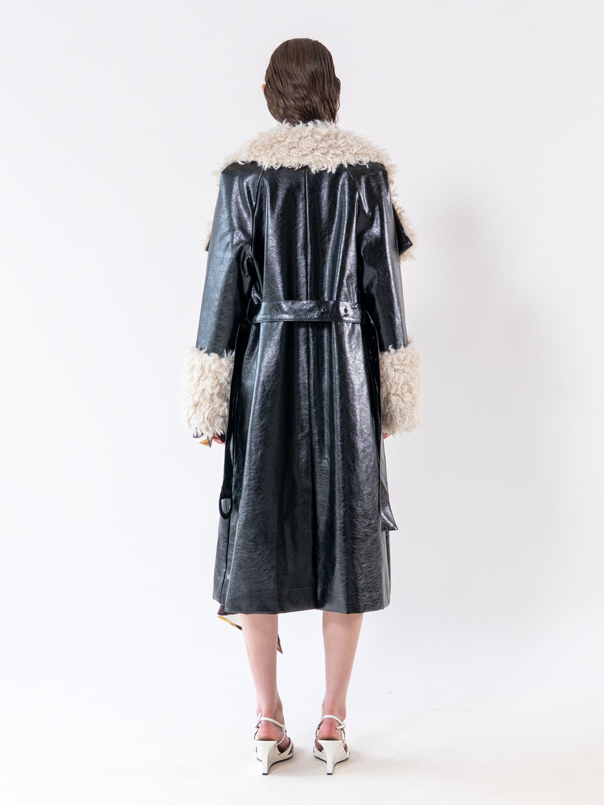 Black Shearling Collar Vegan Leather Coat