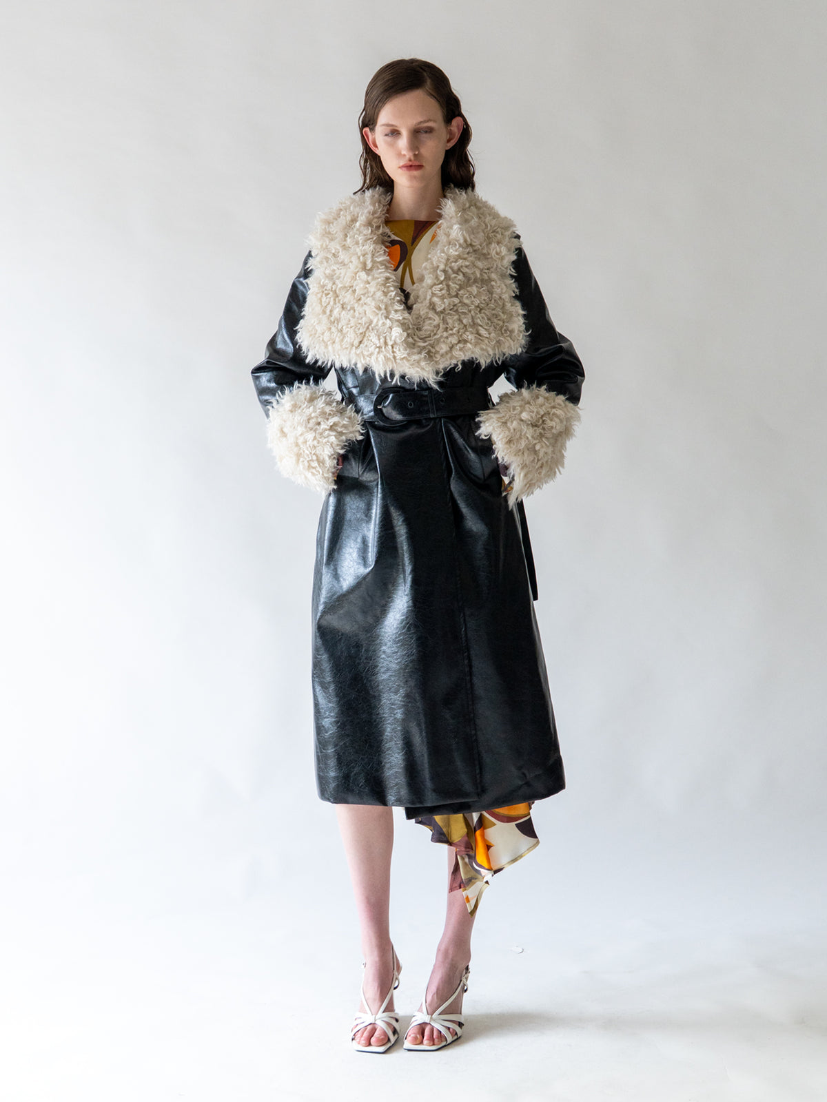 Black Shearling Collar Vegan Leather Coat