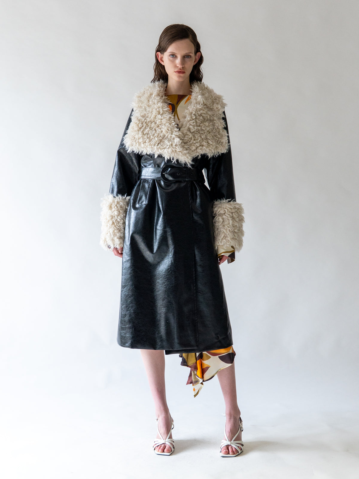 Black Shearling Collar Vegan Leather Coat