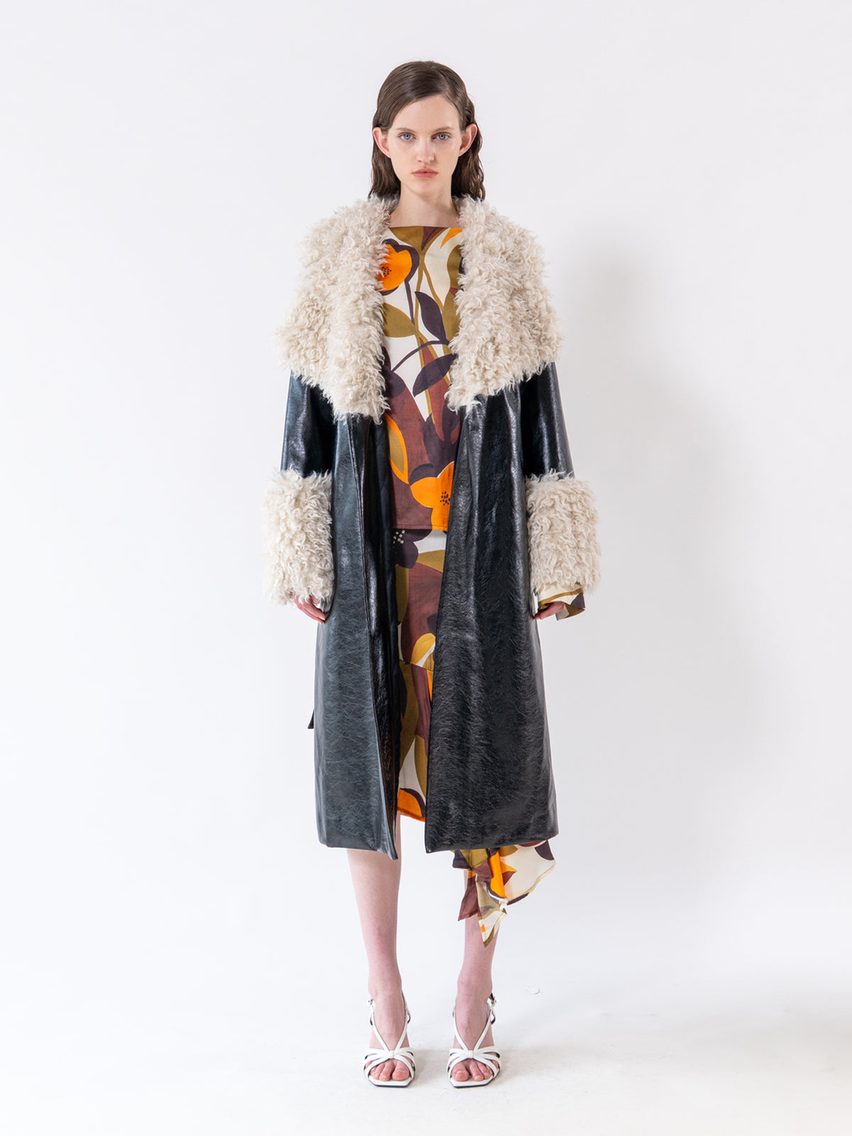 Black Shearling Collar Vegan Leather Coat