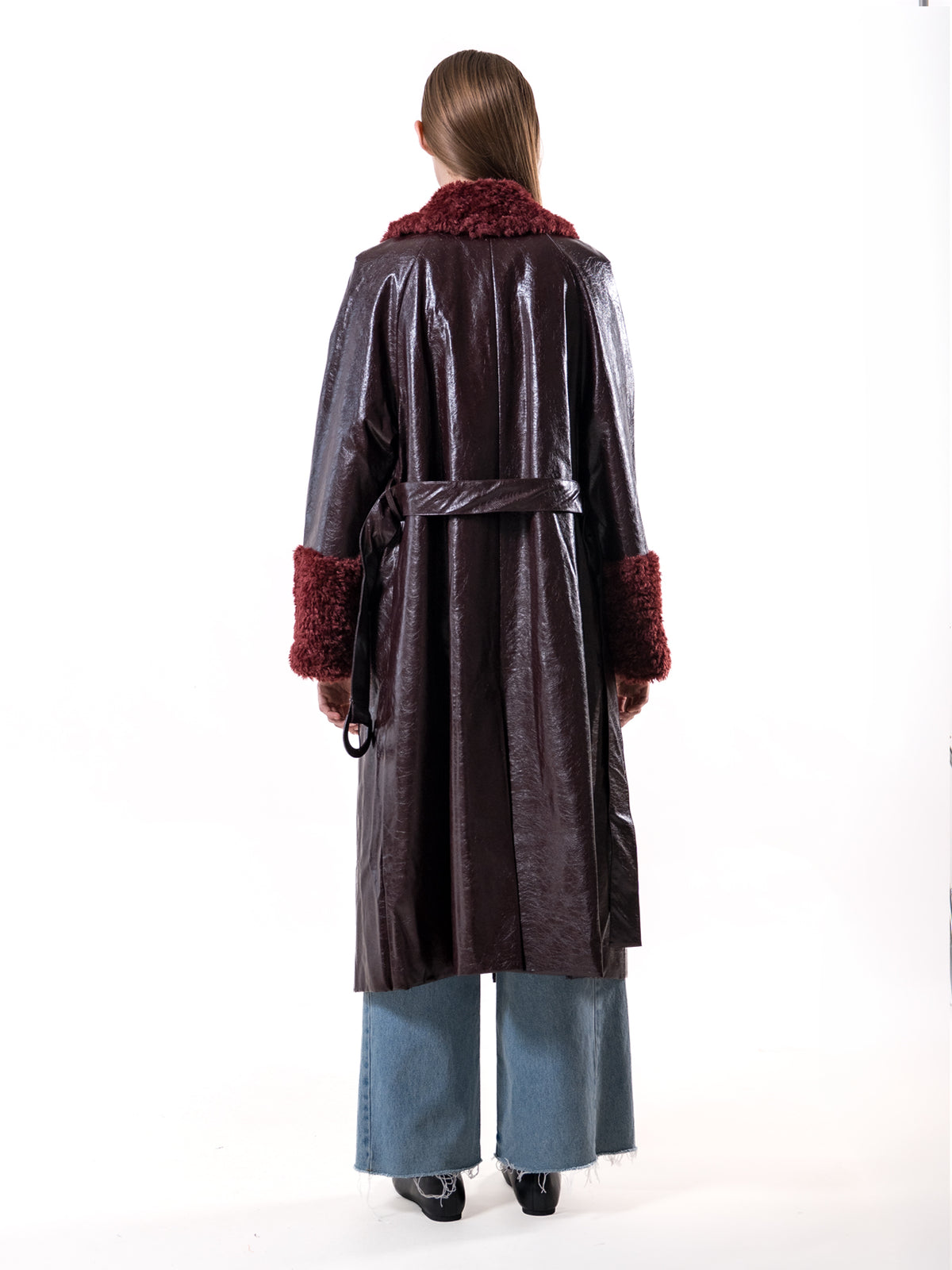 Burgundy Shearling Collar Vegan Leather Coat