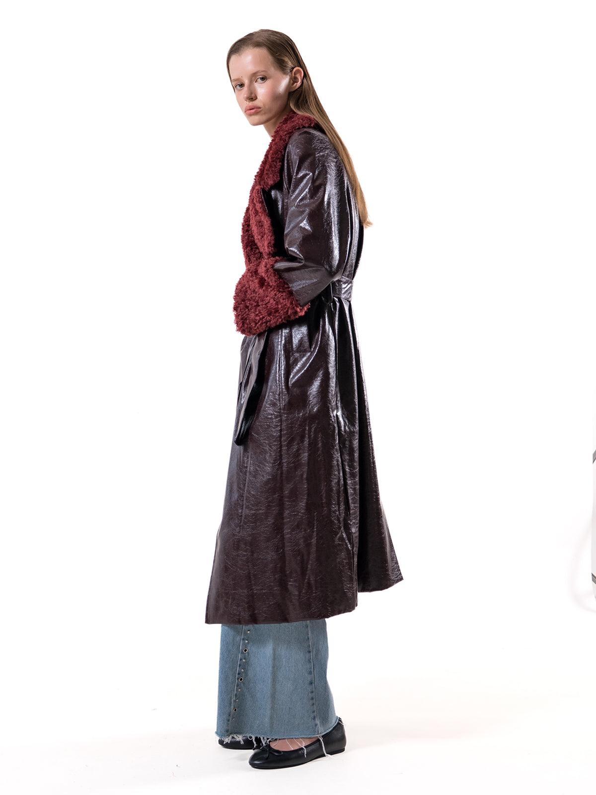 Burgundy Shearling Collar Vegan Leather Coat