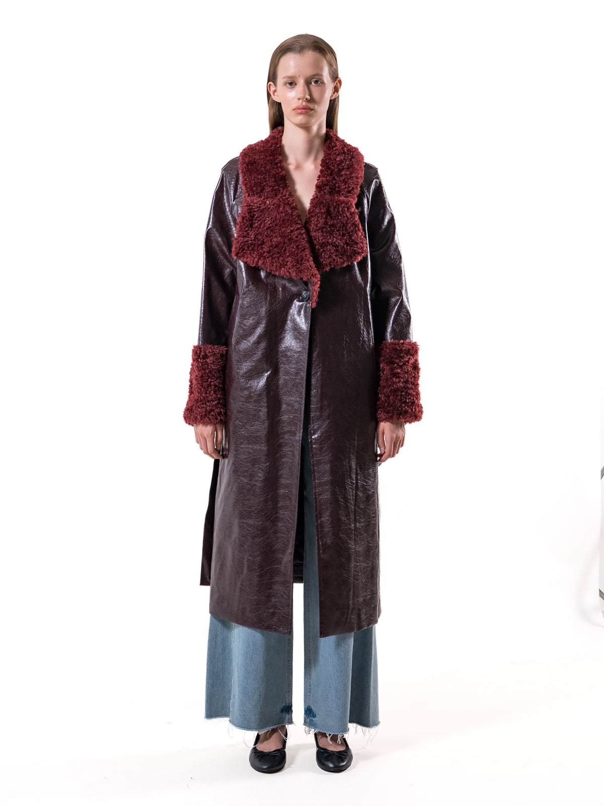 Burgundy Shearling Collar Vegan Leather Coat