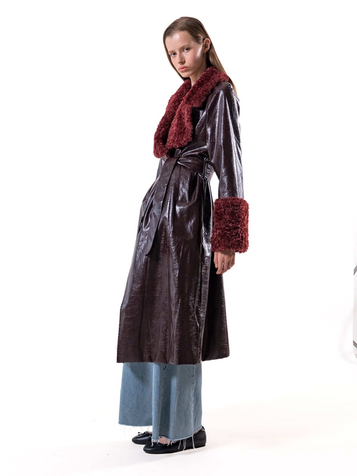 Burgundy Shearling Collar Vegan Leather Coat