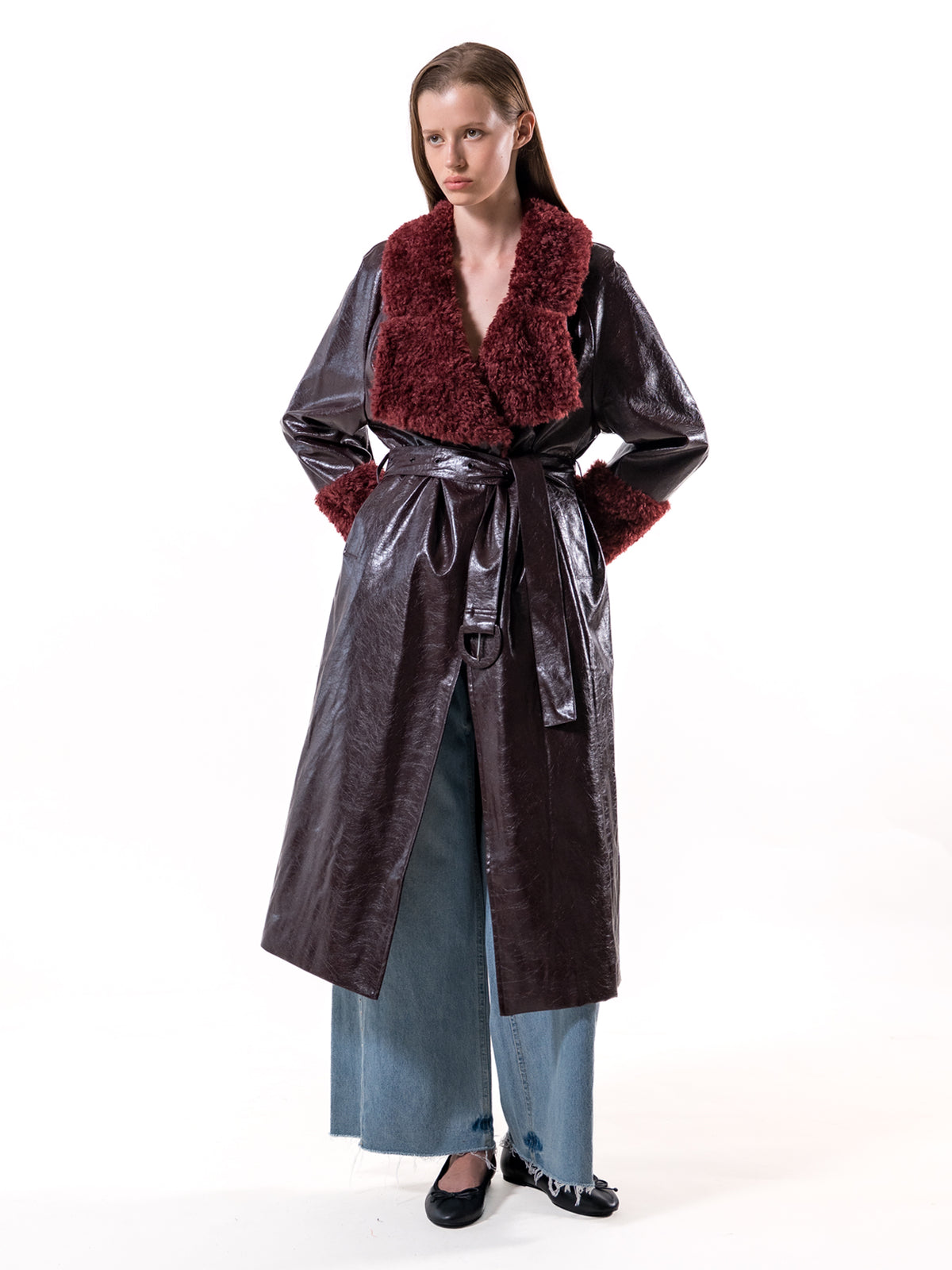 Burgundy Shearling Collar Vegan Leather Coat