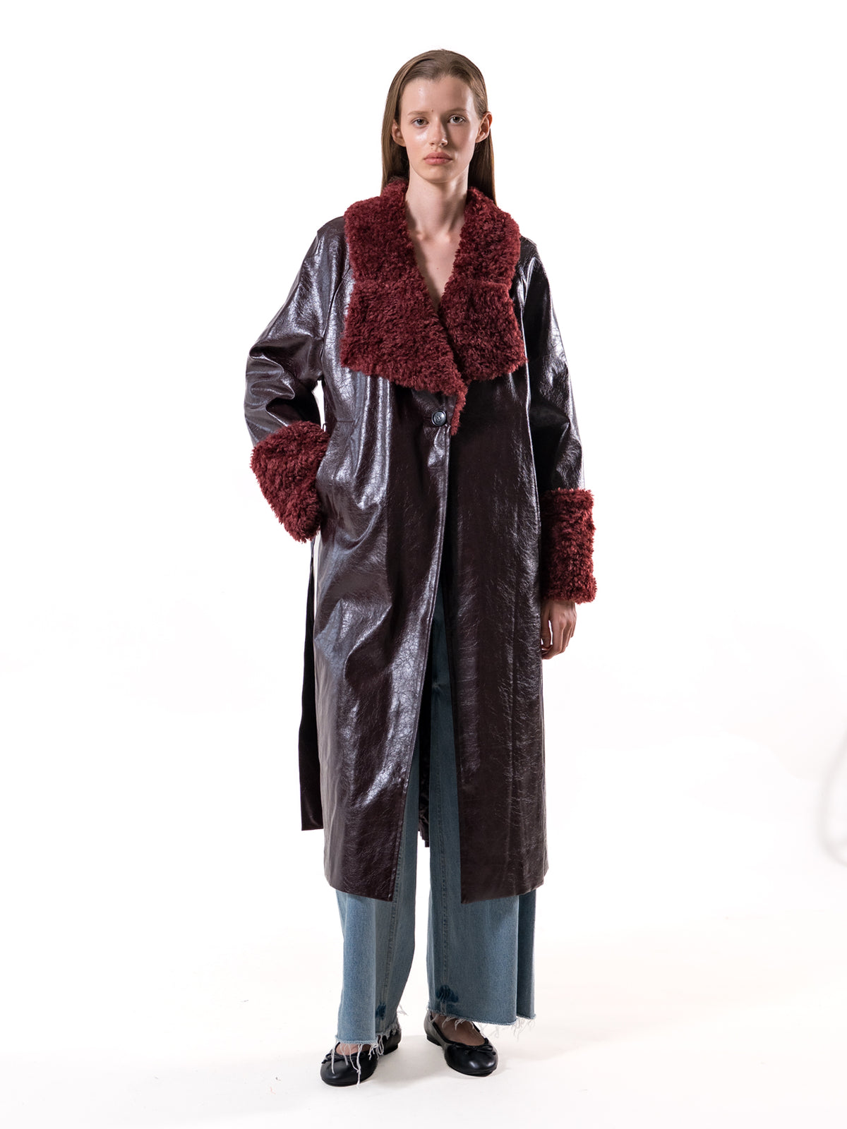 Burgundy Shearling Collar Vegan Leather Coat