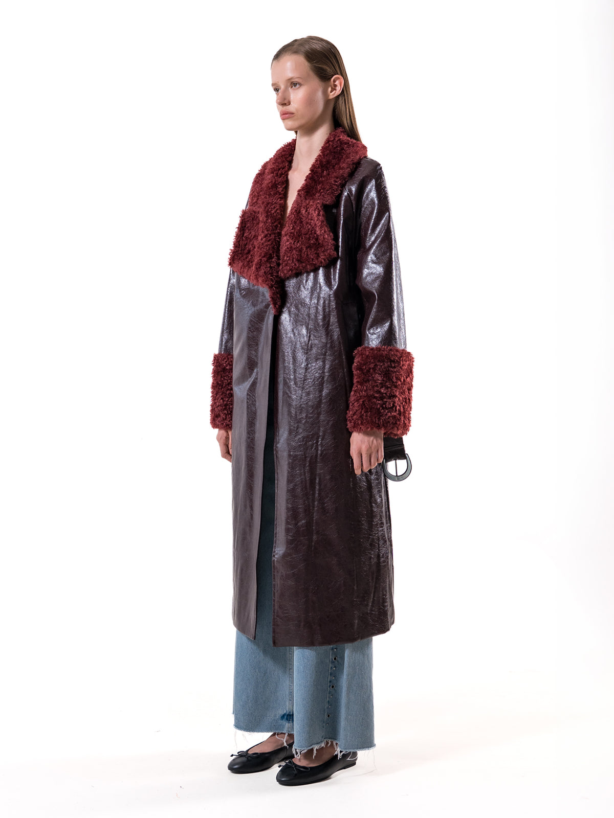 Burgundy Shearling Collar Vegan Leather Coat
