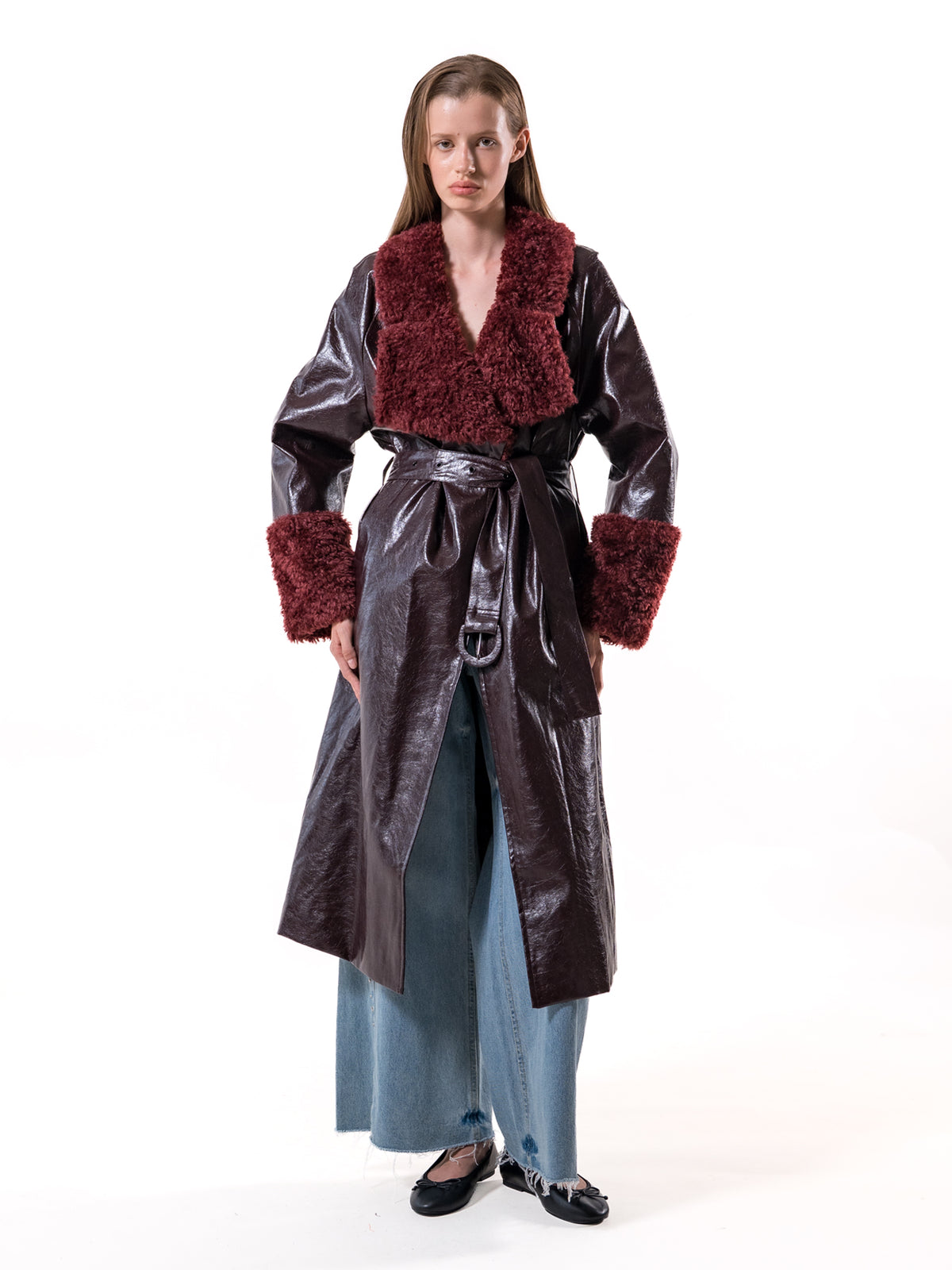 Burgundy Shearling Collar Vegan Leather Coat