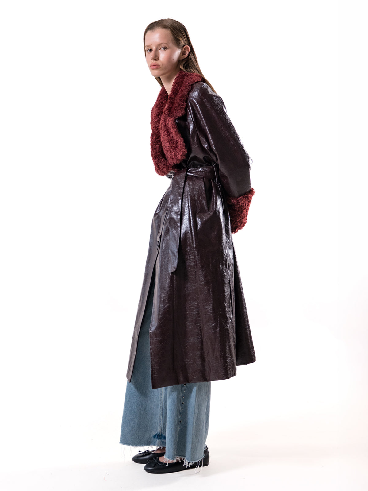 Burgundy Shearling Collar Vegan Leather Coat