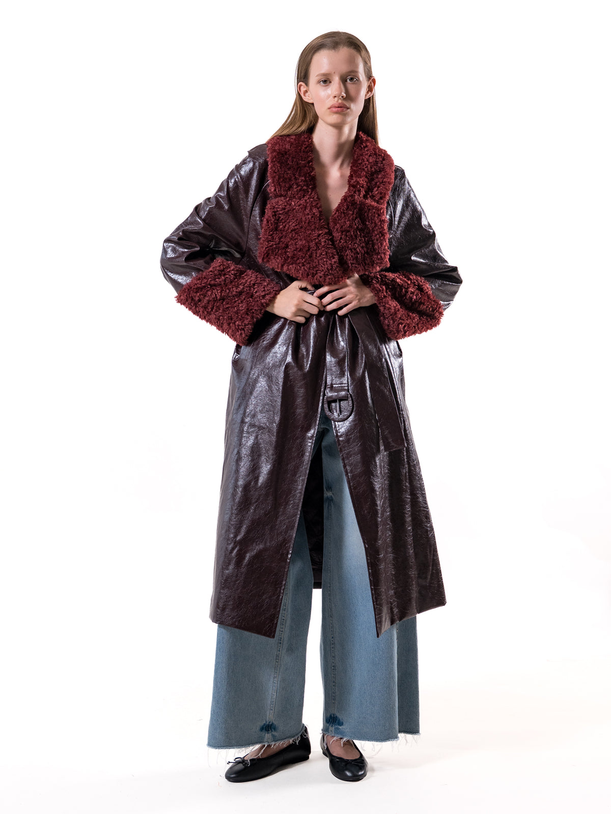 Burgundy Shearling Collar Vegan Leather Coat