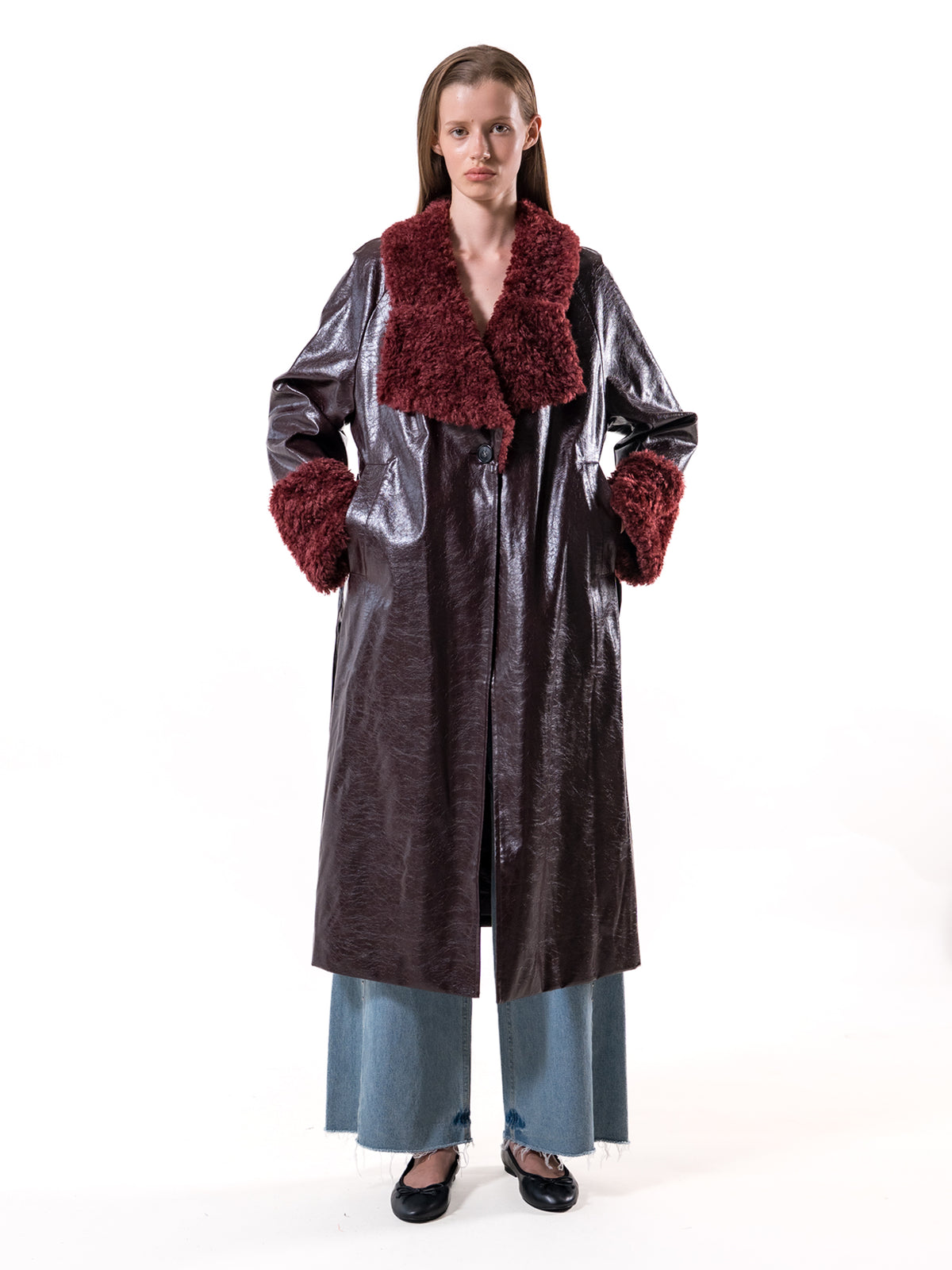Burgundy Shearling Collar Vegan Leather Coat