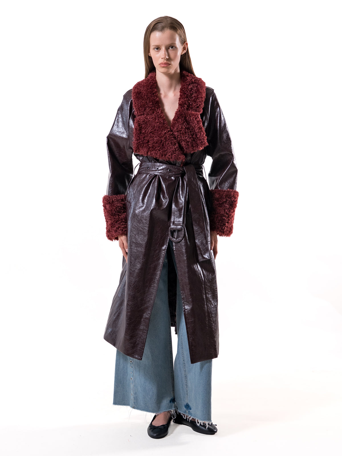 Burgundy Shearling Collar Vegan Leather Coat