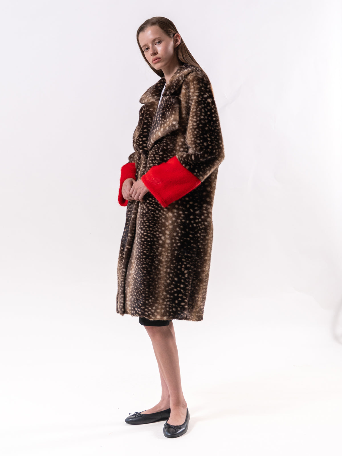 Brown Fawn Print Contrast Faux Fur Coat