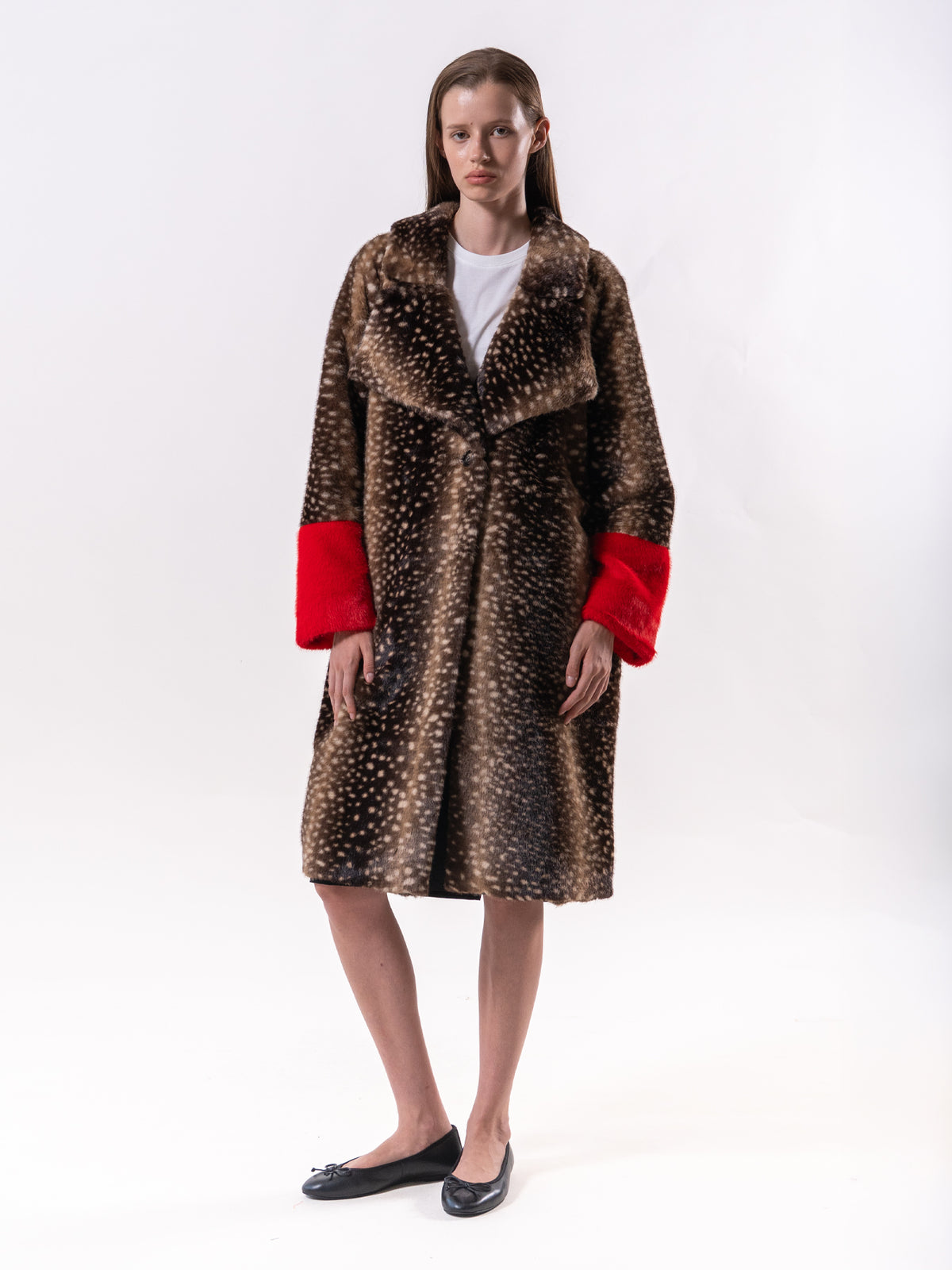 Brown Fawn Print Contrast Faux Fur Coat