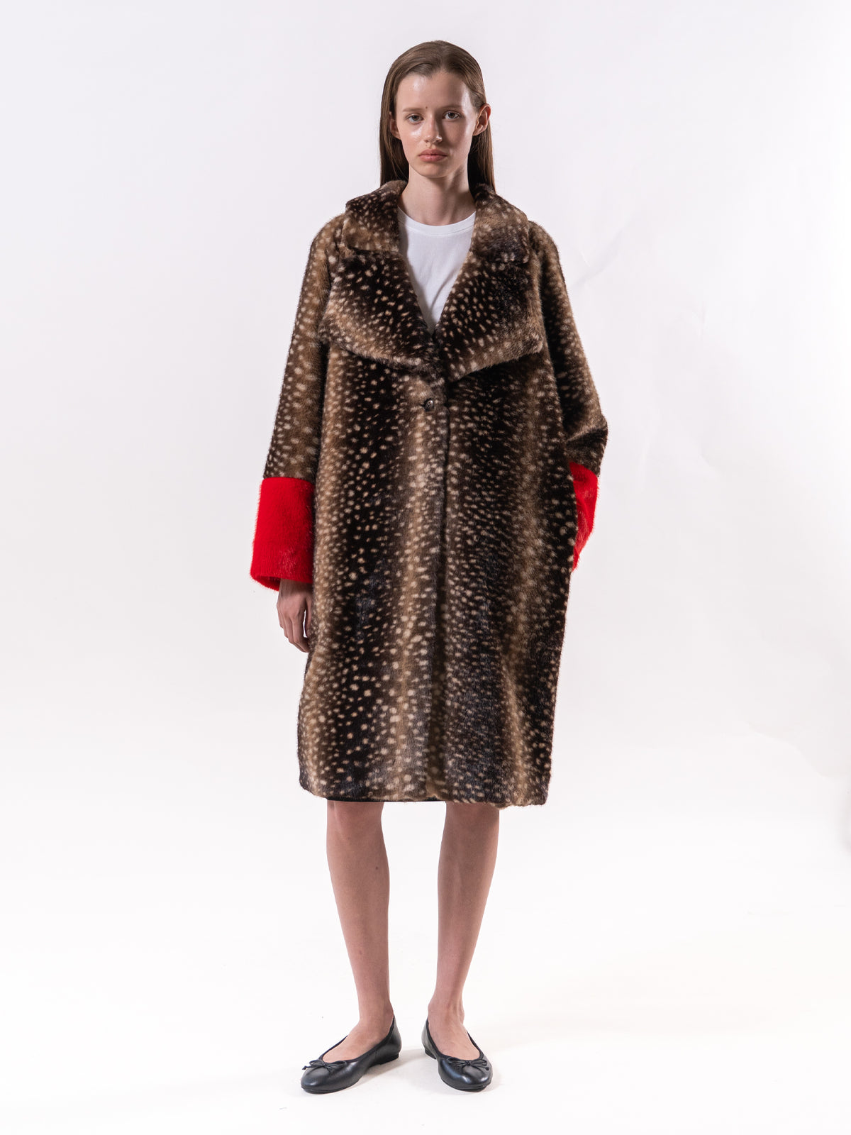 Brown Fawn Print Contrast Faux Fur Coat
