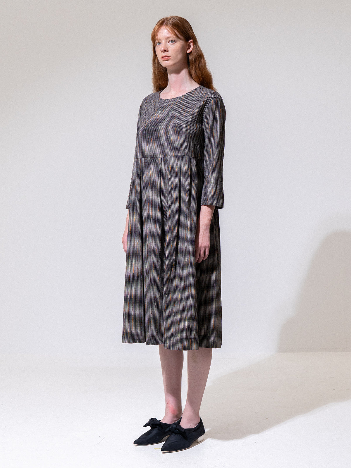 Black Striped Long Sleeve Pleated Dress