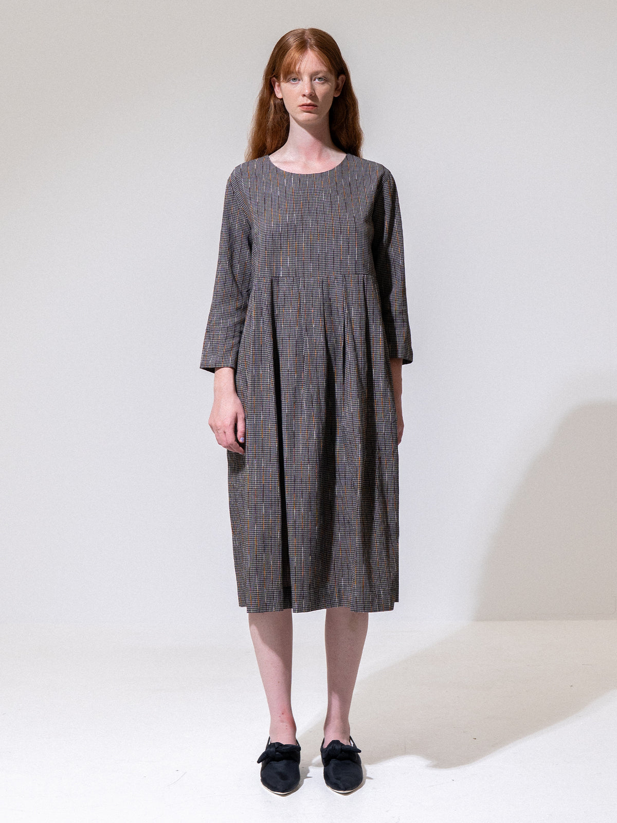 Black Striped Long Sleeve Pleated Dress