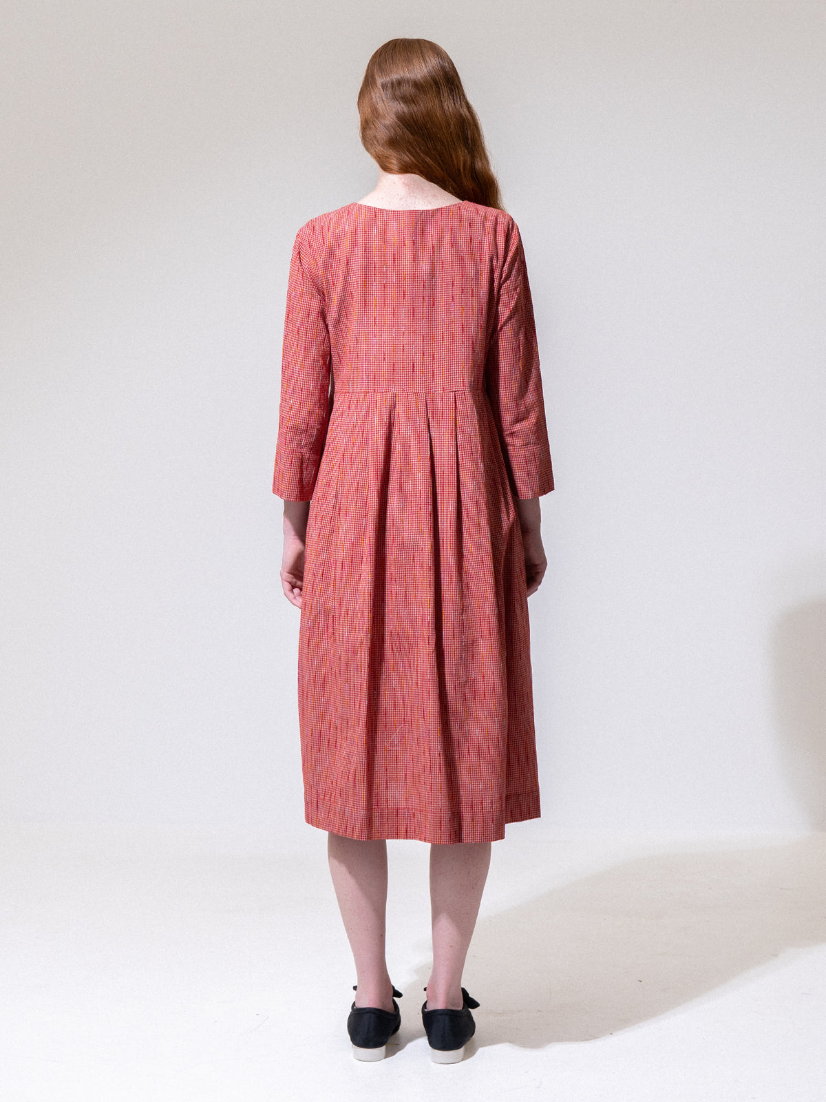 Red Striped Long Sleeve Pleated Dress