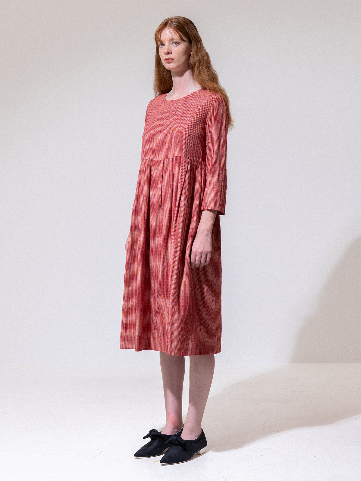 Red Striped Long Sleeve Pleated Dress