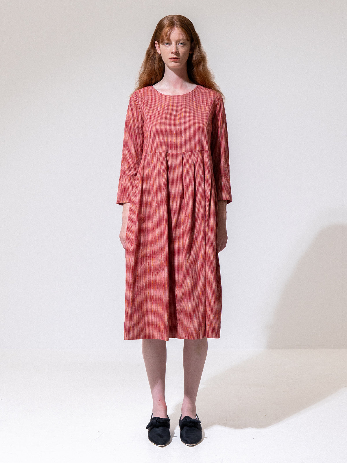 Red Striped Long Sleeve Pleated Dress