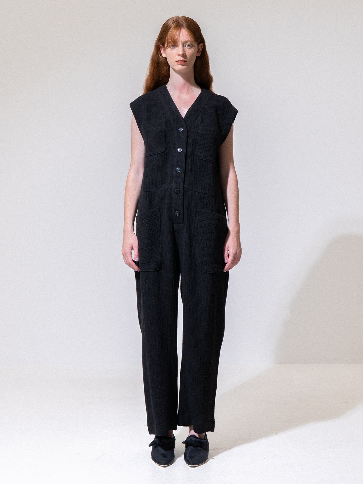 Black Sleeveless Button-Up Jumpsuit